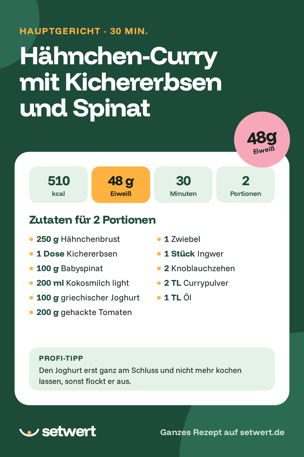 Rezeptkarte: Hähnchen-Curry mit Kichererbsen und Spinat