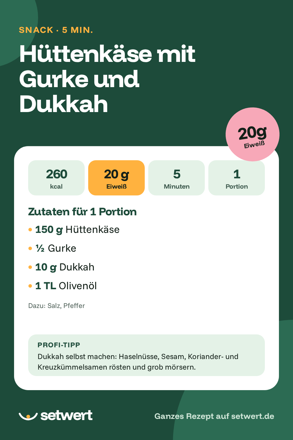Rezeptkarte: Hüttenkäse mit Gurke und Dukkah