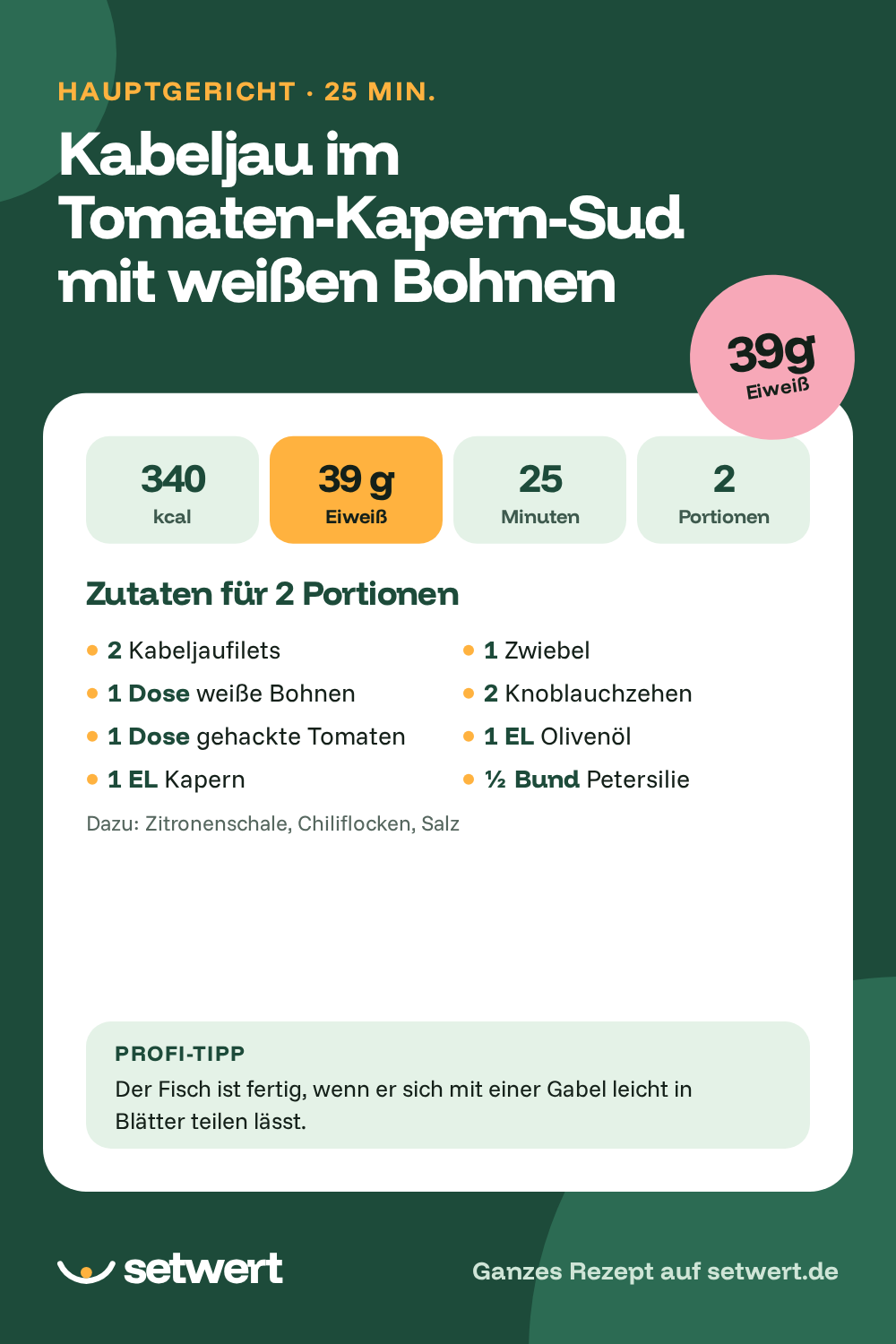 Rezeptkarte: Kabeljau im Tomaten-Kapern-Sud mit weißen Bohnen