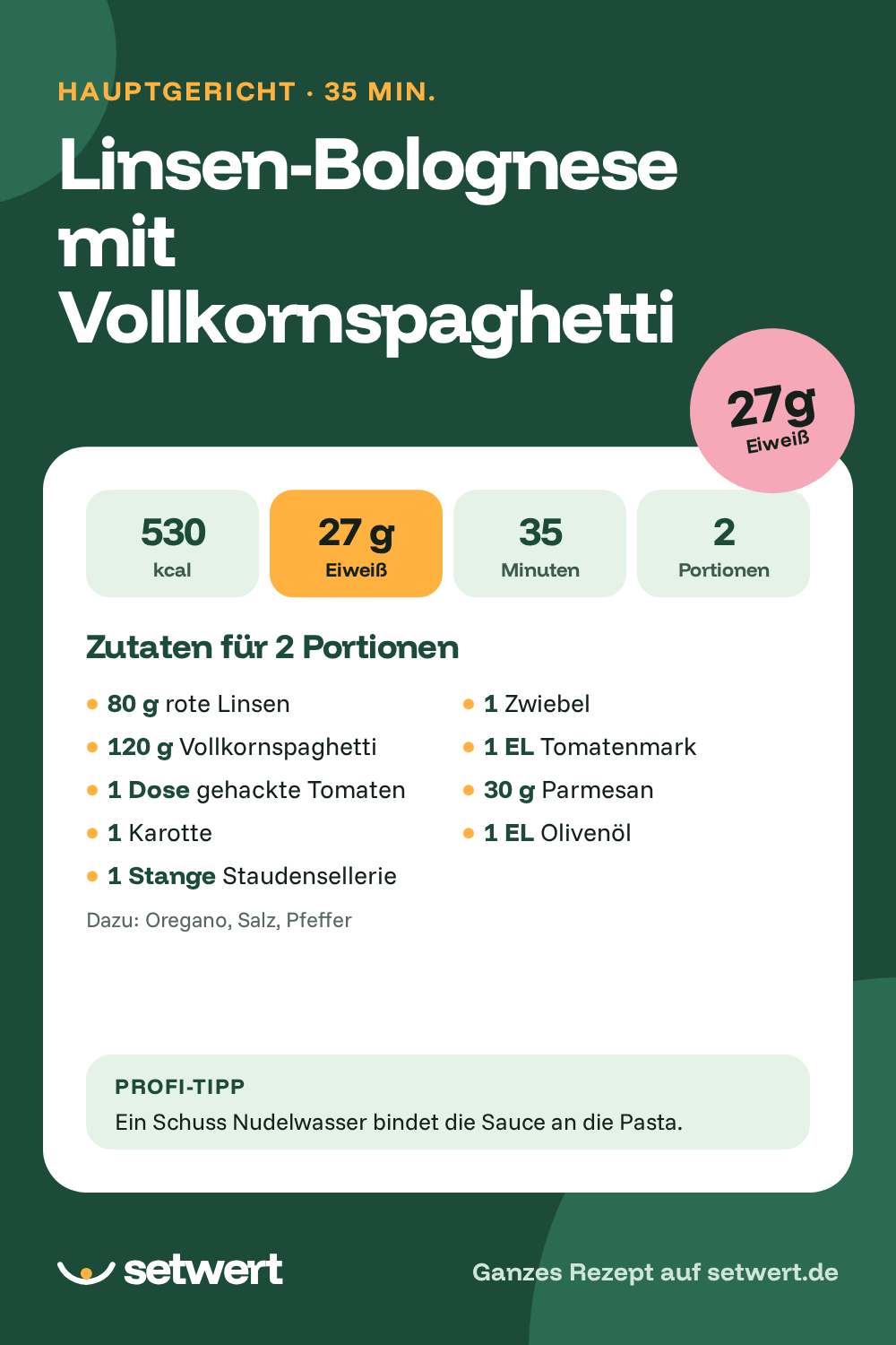 Rezeptkarte: Linsen-Bolognese mit Vollkornspaghetti