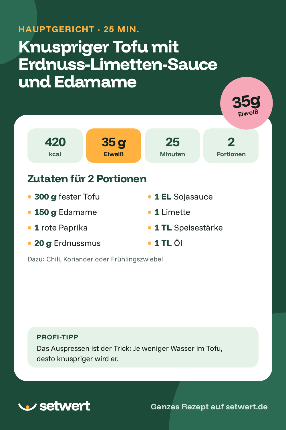 Rezeptkarte: Knuspriger Tofu mit Erdnuss-Limetten-Sauce und Edamame